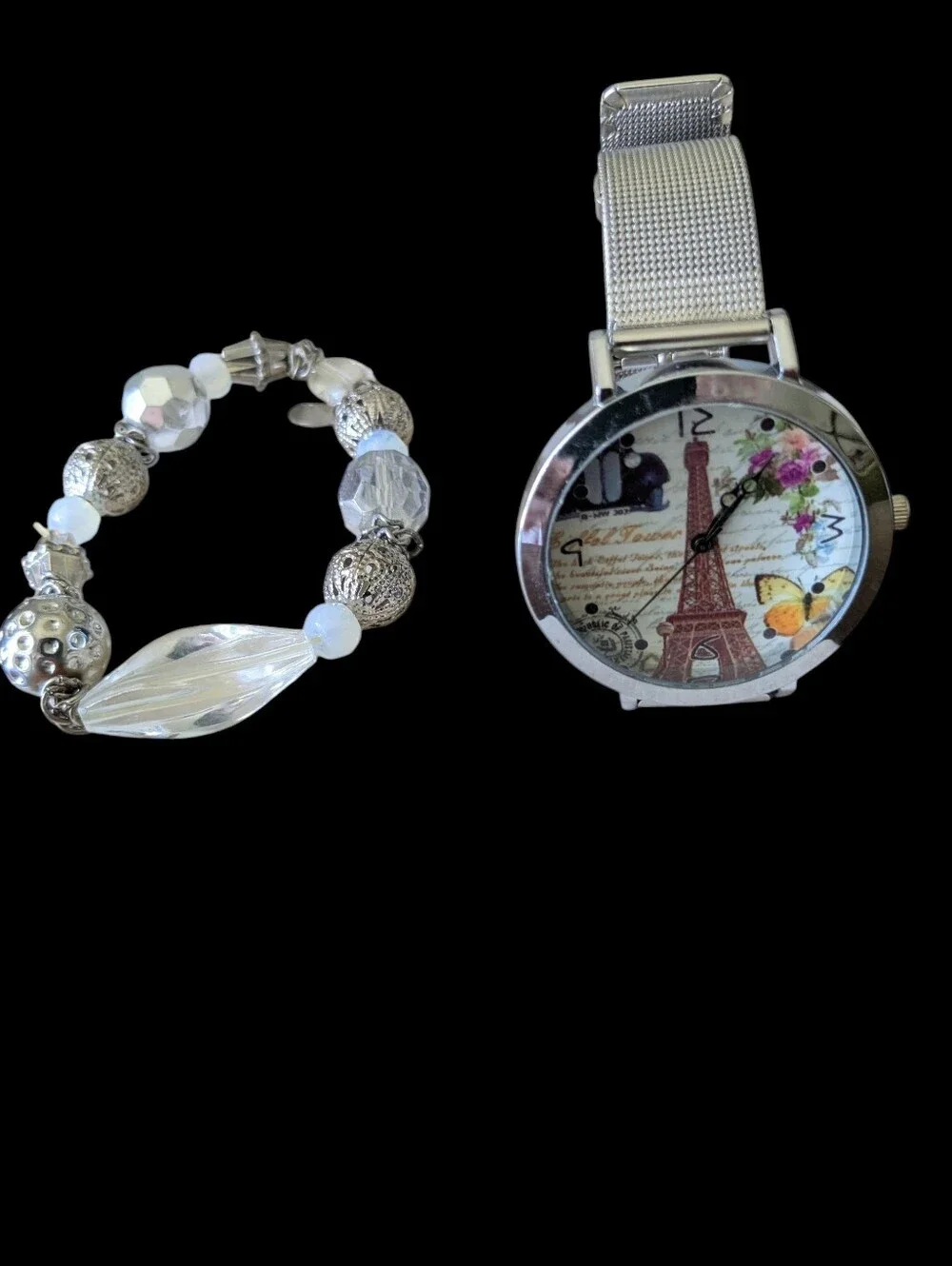 New Silver Mesh Strap Watch with Silver and Clear Beaded Bracelet